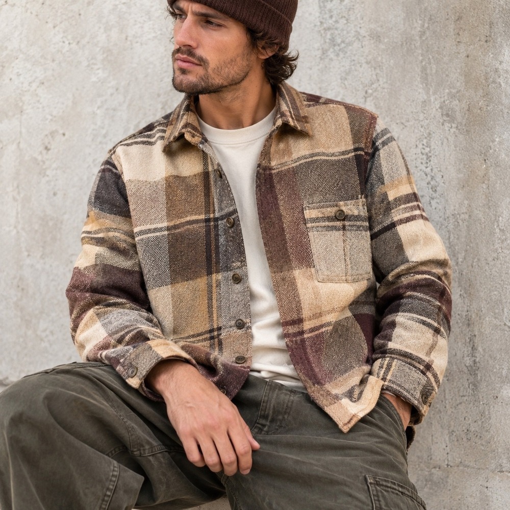J Gee Wool Blend Patchwork Plaid Striped Button Down Shirt Overshirt Brown L